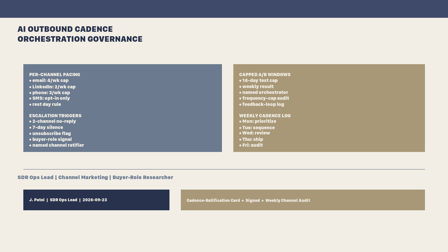 AI Outbound Cadence Orchestration Governance in 2026 — Per-Channel Pacing, Capped A/B Windows, and a Named Channel Ratifier