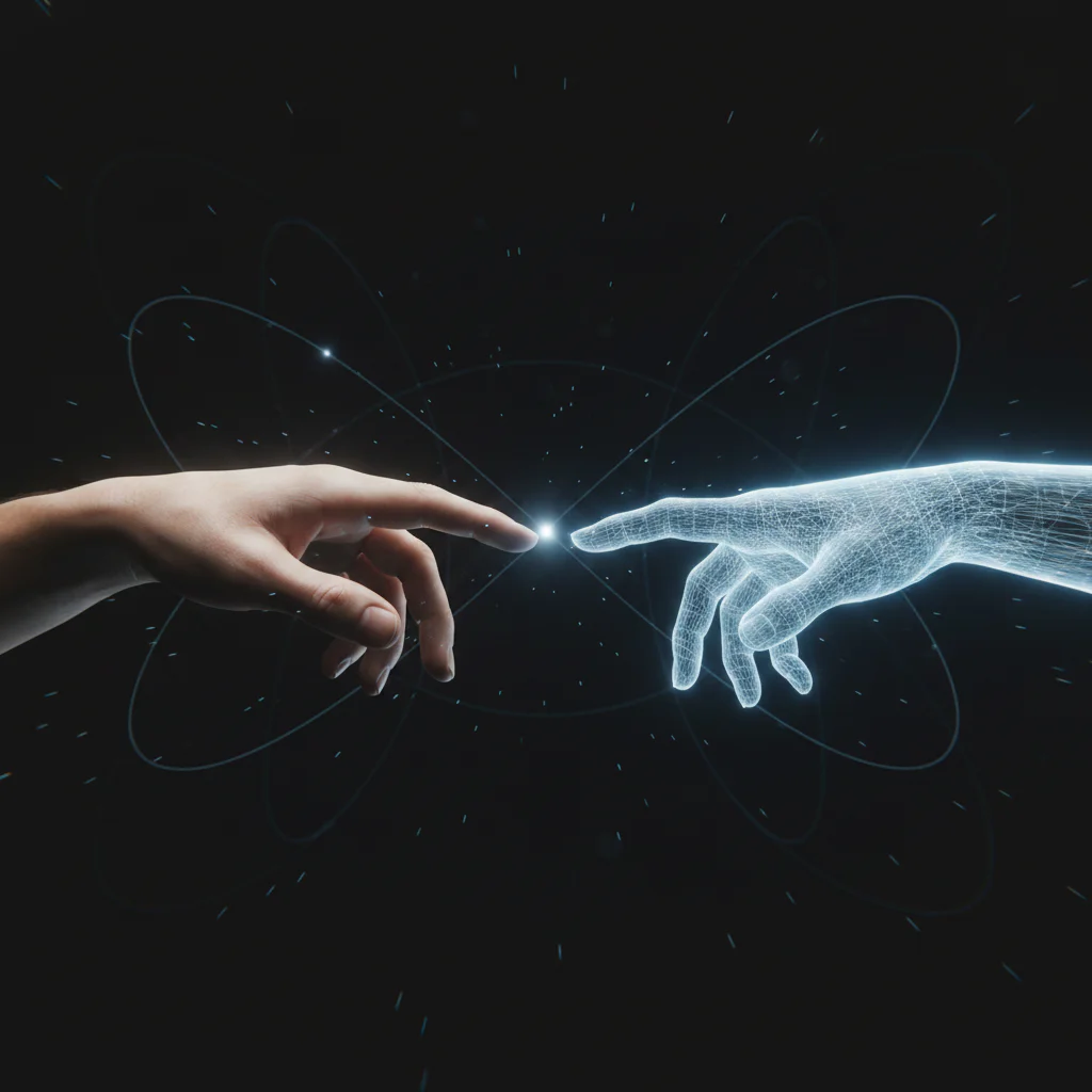 A human hand and a glowing digital hand reaching toward each other.