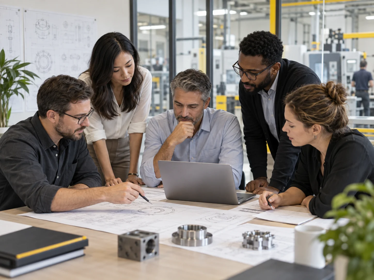 Professionals reviewing industrial plans in a collaborative workspace.